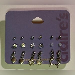 Claire’s Set of 9 Hearts, Dolphins, Stars & More Silver Tone Earrings